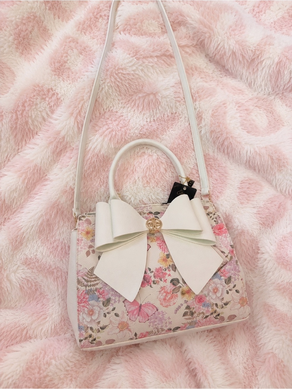 Floral Bow Accent Satchel Handbag - White